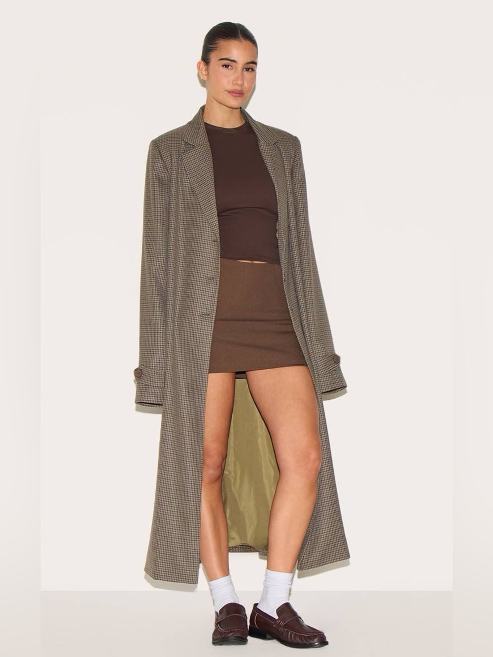 PrettyLittleThing Brown Houndstooth Longline Duster Coat - Picture 15 of 16
